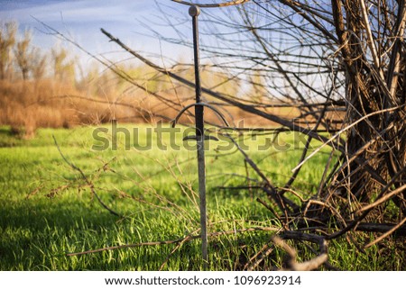 two-handed sword in the ground, against the background of a green field, sky and trees.
