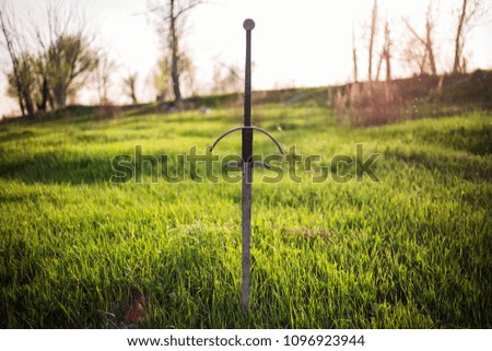 two-handed sword in the ground, against the background of a green field, sky and trees.
