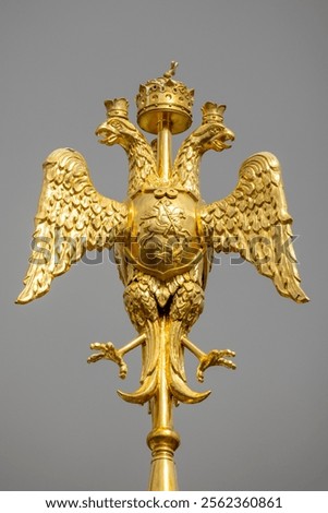 Two-headed eagle, Russian coat of arms is on dark gray sky background. Symbol of imperial Russia, vertical photo