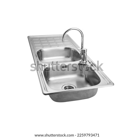 Two-hole sink with kitchen faucet on white background