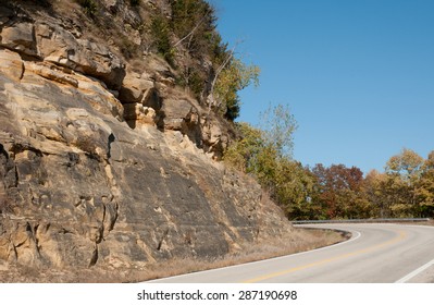 Two-lane Country Road Winding Around Bluff In Bluff Lands Along Mississippi River In Southeast Minnesota 