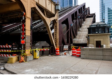 Two-level Bascule Lake Street Bridge Lifted Up For Repairs In The Loop Area Of Chicago, Illinois. 