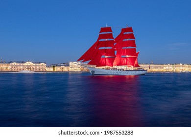 Two-masted Brig With Scarlet Sails In The Water Area Of The Neva In St. Petersburg.