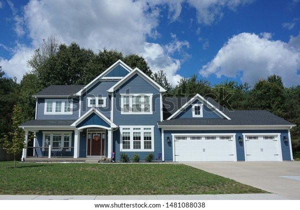 Twostory Suburban  House  Blue  Exterior Three Stock Photo Edit Now 1481088038