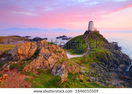 Twr Mawr Lighthouse, Llanddwyn Island at sunset, Anglesey, North Wales, UK.