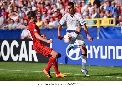 TYCHY, POLAND - JUNE 21, 2017: UEFA European Under-21 Championship  Match Group C Between Czech Republic - Italy 3:1. In Action Alberto Grassi (R).