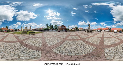 TYKOCIN, POLAND - JULY, 2019: Full Seamless Spherical Hdri Panorama 360 Degrees Angle View In Medieval Pedestrian Street Place Of Old Town In Equirectangular  Projection. Skybox For VR AR Content