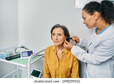 Tympanometry. Ent Doctor Doing Tympanometry And Test Of Middle-ear Function To Mature Woman Patient At Hearing Clinic