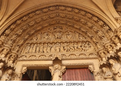 Tympanum With The Last Judgement On Facade Of Saint Étienne Cathedral In French City Metz