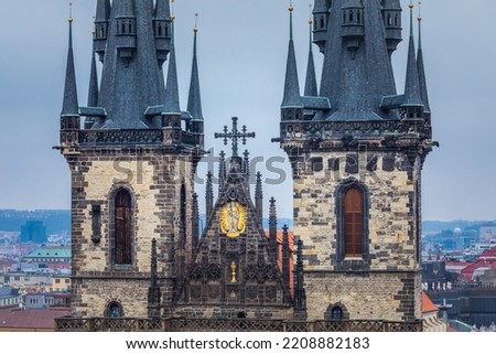 Tyn Cathedral facade close-up in Prague old town square, Czech Republic