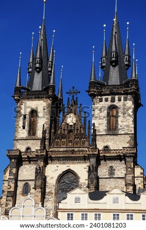 Tyn Cathedral seen from below. Also called The Church of Mother of God before Tyn, is a gothic church and a dominant feature of the Old Town of Prague,Czech Republic