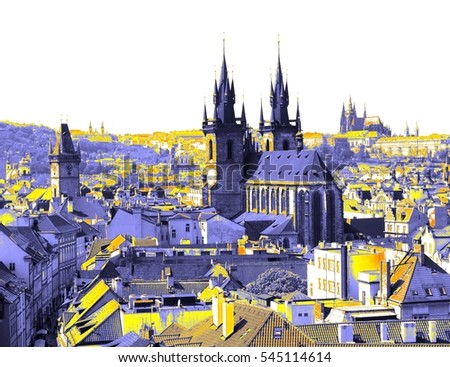 The Tyn Church and the Prague Castle on the horizon.
Prague through the eyes of butterflies. Colored pictures of the historic, romantic, beautiful and friendly town Prague, capital of Czech Republic.