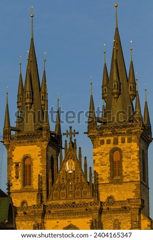 Tyn Church in Prague. Church of the Virgin Mary before Tyn on Old Town Square. Architecture of the old town of Prague.