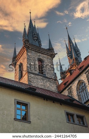 Tyn Church seen from plaza near Stupartska Street in Old Town, Prague, Czech Republic