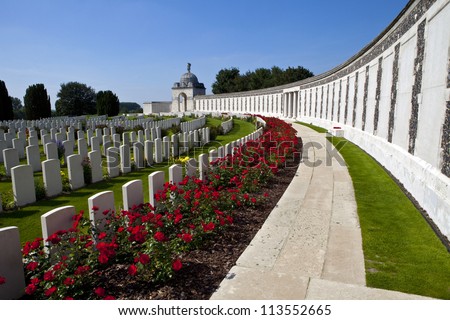 Tyne Cot Cemetery in Ypres, Belgium.  Tyne Cot Commonwealth War Graves Cemetery and Memorial to the Missing is a Commonwealth War Graves burial ground for the dead of the First World War in the Ypres.