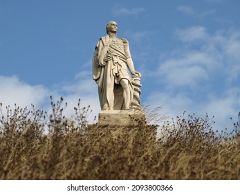 Tynemouth, England - September 1 2021: Statue of Admiral Collingwood overlooking mouth of River Tyne