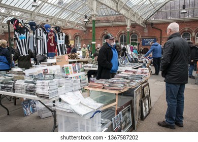 Tynemouth / Great Britain - April 06, 2019 : Tynemouth Metro Station Weekend Flea Market.  Stall Selling Football Collectables And Merchandise Mainly Of Newcastle United.