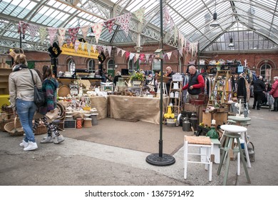 Tynemouth / Great Britain - April 06, 2019 : Tynemouth Metro Station Weekend Flea Market.  Stall Selling Secondhand Homewares