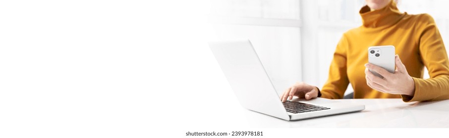 Type search information from the Internet network. Businesswoman working with smartphone, tablet and laptop computer on table in office. network concept - Powered by Shutterstock