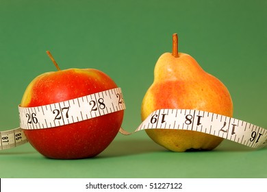 Types of female body shape. Apple and Pear with type measure on green background.
