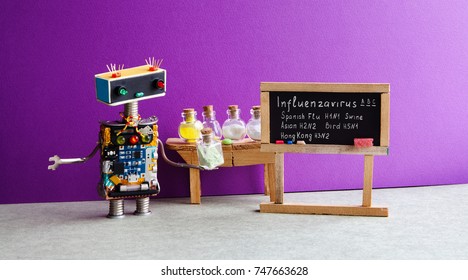 Types Of Influenza Viruses Poster. Doctor Robot Antiviral Drugs Tube, Chalkboard Flu Variations Infographic Handwritten: Influenzavirus Spanish Asian Hong Kong Bird Swine. Violet Wall Lab Interior.