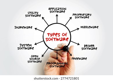 TYPES OF SOFTWARE diagram with application, system, driver, utility, middleware, open source, and shareware. Person drawing computer technology classification flow chart