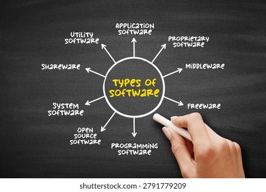 Types of Software diagram explaining application, system, programming, utility, middleware, freeware, shareware, proprietary and source categories used in computing education