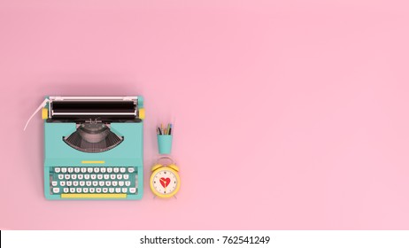 typewriter clock and pen top view on the table colorful education in front of pink wall lovely picture for copy space minimal fruit and object concept pastel colorful lovely picture art - Shutterstock ID 762541249