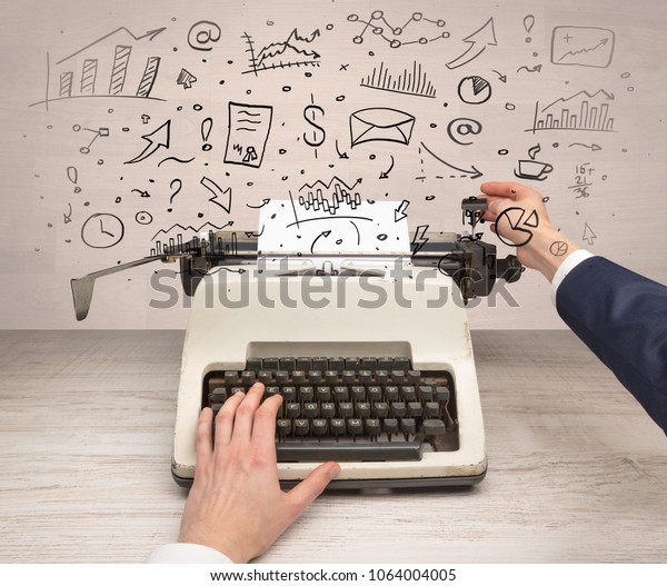 Typewriter with doodles, idea, message, plane,\
car balloon social media\
concept