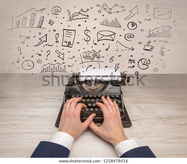Typewriter with doodles, idea, message, plane,\
car balloon social media\
concept