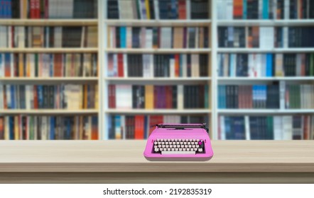 Typewriter In Front Of Bookshelf. Books Lined Up Side By Side In The Library. Close Up