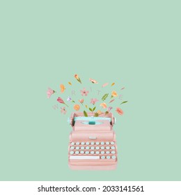 Typewriter Keys Keytops Old Style Making Lovely Words Of Flowers. Creative Literature Poetry Or Nice Words Concept. Trendy Pastel Colors