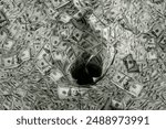 Typhoon of hundreds usd dollars banknotes. Money wallpaper background with US dollar bills tornado, whirlwind of dollars hurricane. Flying, levitating american cash.