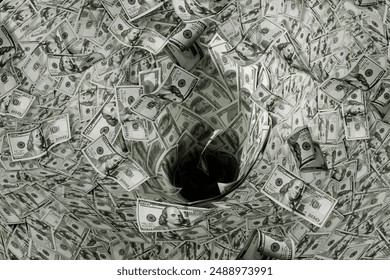 Typhoon of hundreds usd dollars banknotes. Money wallpaper background with US dollar bills tornado, whirlwind of dollars hurricane. Flying, levitating american cash.