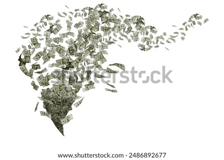 Typhoon of hundreds usd dollars banknotes. Money wallpaper background with US dollar bills tornado, whirlwind of dollars hurricane. Flying, levitating american cash.