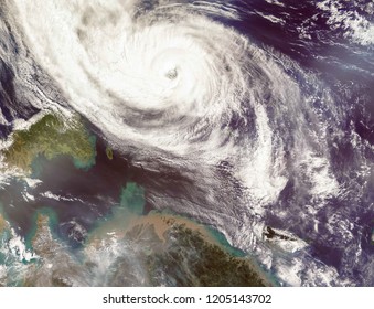 Typhoon Phanfone Affecting Japan.  Satellite View. Elements Of This Image Furnished By NASA.