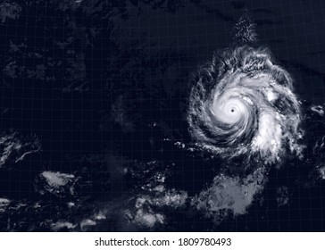 Typhoon In Satellite Picture, View Of  Hurricane Eye From Space. Concept Of Weather, Climate Change, Forecast And Warning. Tropical Storm Aerial Photo Background. Elements Of Image Furnished By NASA 