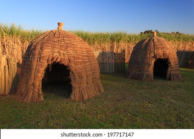 Typical African thatched huts in  Swaziland