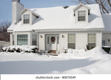 Typical American Home In Winter - New Snow - Cape Cod Style