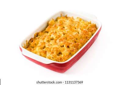 Typical American Macaroni And Cheese Isolated On White Background
