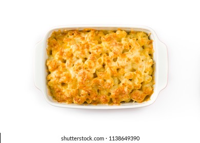 Typical American Macaroni And Cheese Isolated On White Background. Top View