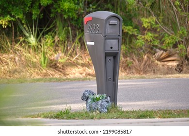 Typical American Outdoors Mail Box On Suburban Street Side