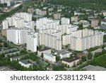 Typical architecture in Moscow region. New buildings, standard residential area. Panoramic view from above.