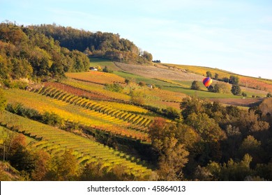 A typical autumnal landscape with vineyards in the Langhe shire, Italy. In this photo there's also a hot air balloon flying over the vineyards at sunset
