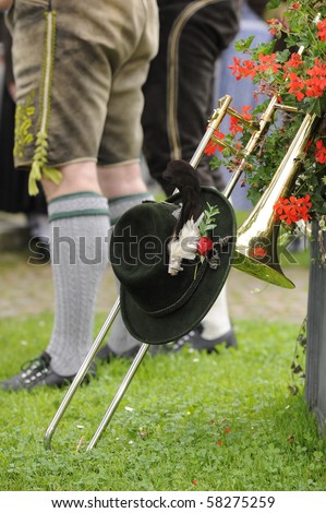 typical bavarian traditional costume with trumpet
