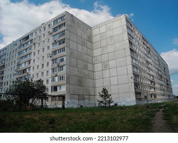 Typical Blocks Of Flats Built During Communism Period In Odessa, Ukraine. Facade Of A Grey Multi-storey Soviet Panel Building. Soviet Old Urban Residential Houses. Typical Ukrainian Neighborhood.