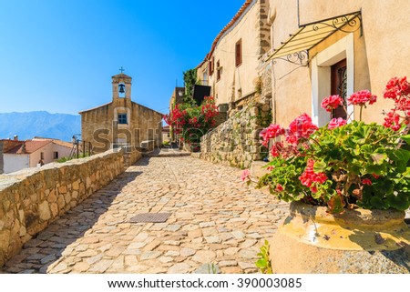 Typical church in small Corsican village of Sant' Antonino, Corsica, France