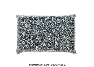 A Typical Classic Silver Dish Sponge With Polyester Thread On A White Isolated Background. Strong And Durable, Eliminates Difficult Pollution, Dries Quickly.