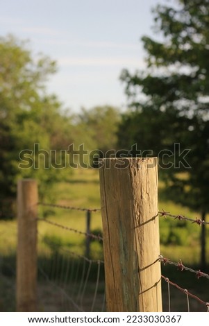 Typical common wooden fence post holding up a wire fence in the farm fields.