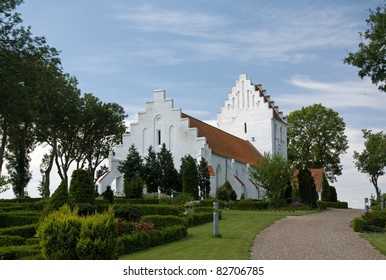 Typical Danish White Church On Funen